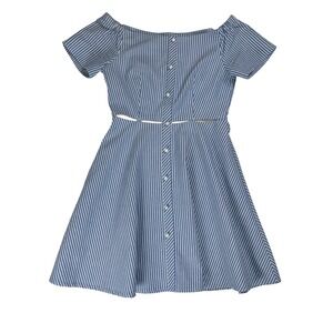 Binkeke Blue White Striped Off Shoulder Cut Out Button Front Mini Dress Small